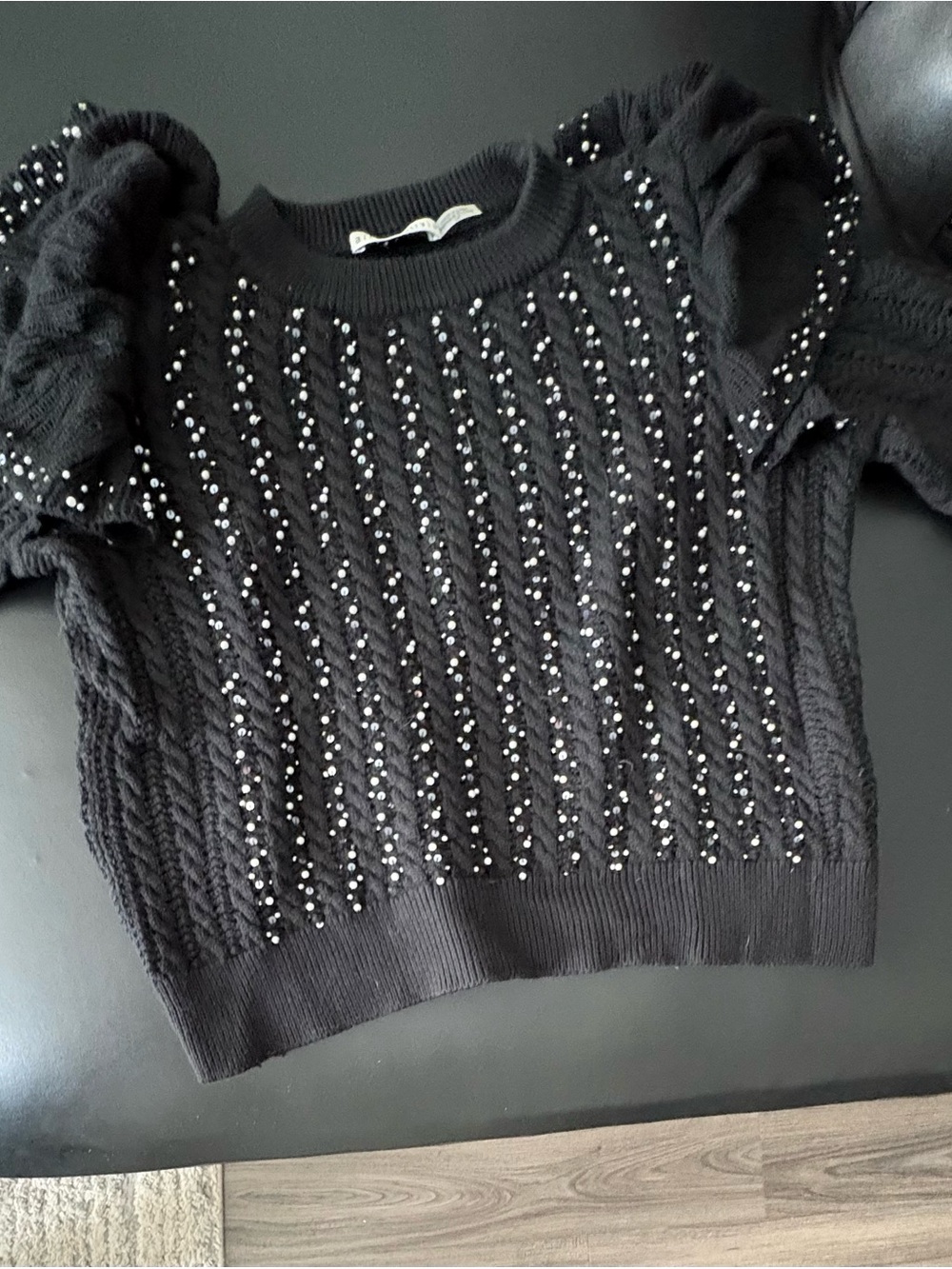 Alice + Olivia Black Beaded Cable-Knit Puff Sleeve Sweater